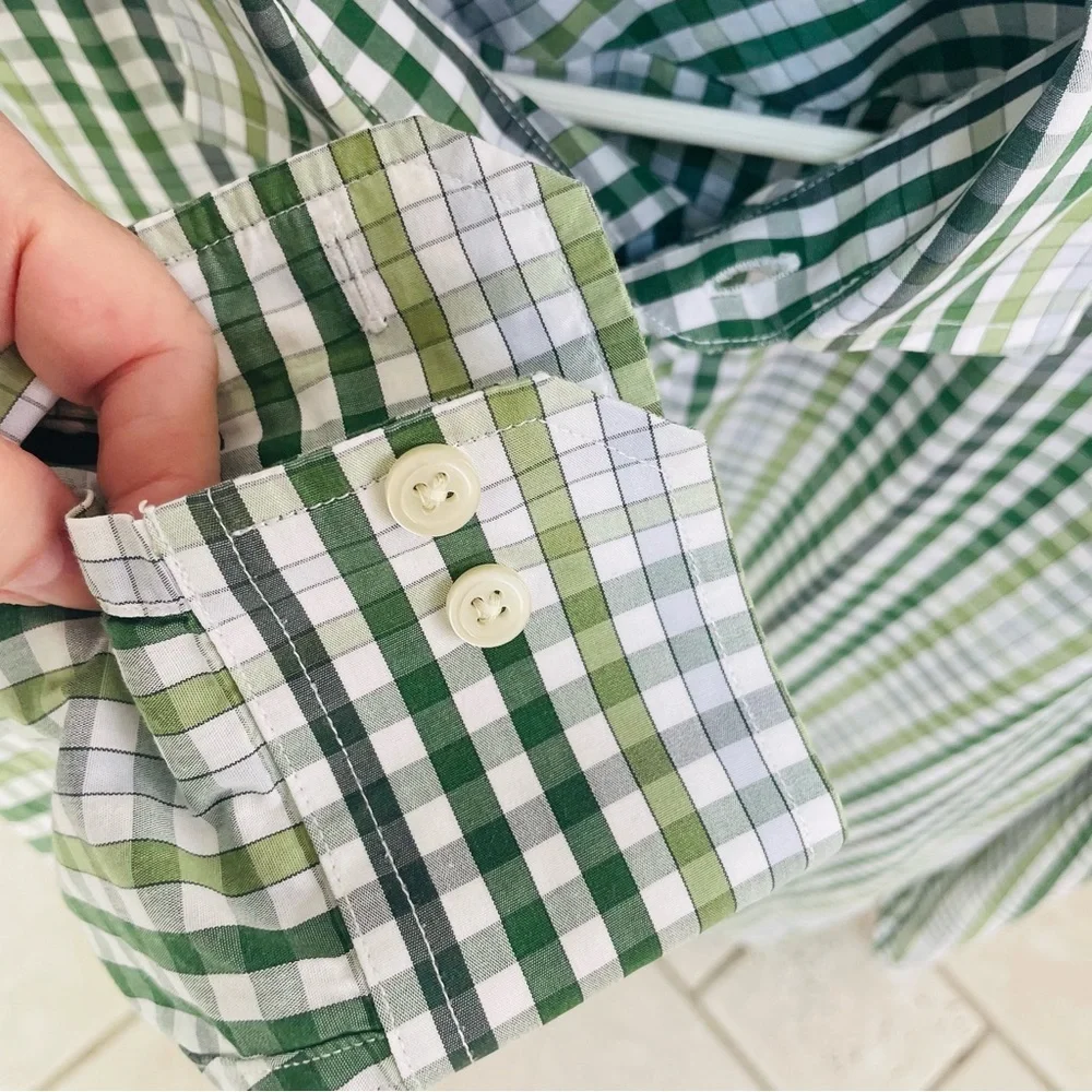 Banana Republic Mens Large 16-16 1/2” Various Greens Check Pattern Button Shirt